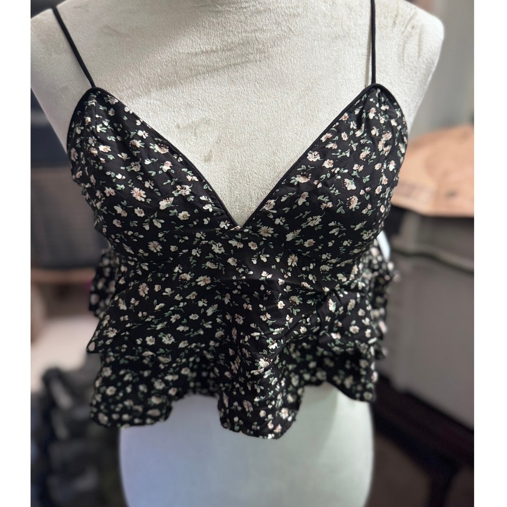 Dress Forum Los Angeles Black Floral Ruffle Crop Top Small Adjustable Straps
